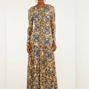FARM Blue Winter Tapestry Long Sleeve Maxi Dress